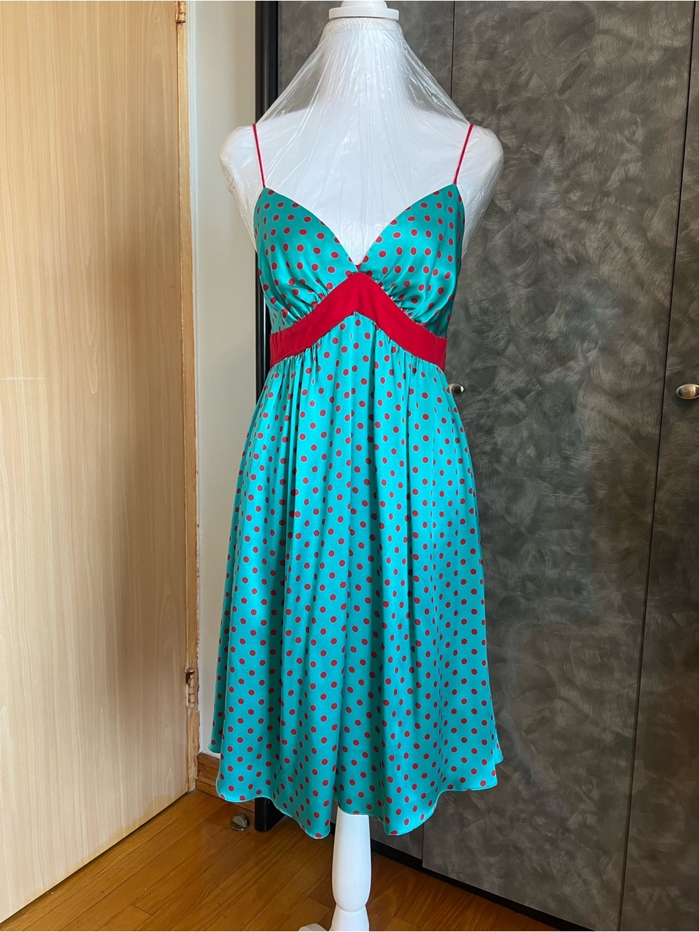Voom by Joy Han Turquoise Polka Dot Midi Silk Dress with Red Trim